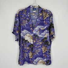 Vintage OP Ocean Pacific Button Down Collard Shirt Hawaiian Print Purple Size L