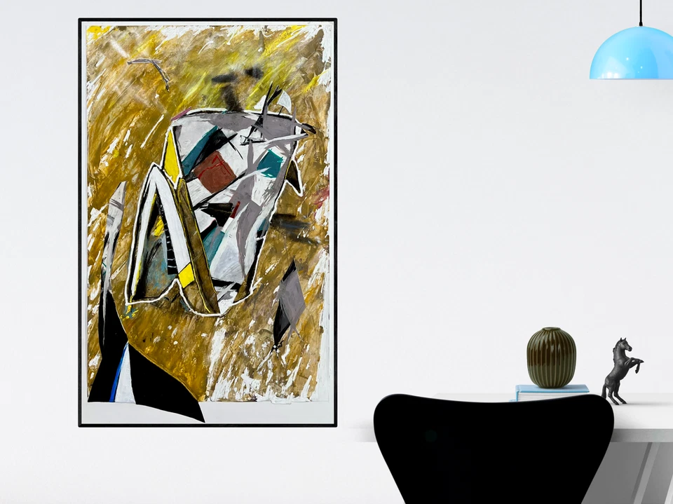 ANGLES Black Yellow White Blue Abstract Figure Person Collage Painting - Image 4 of 4