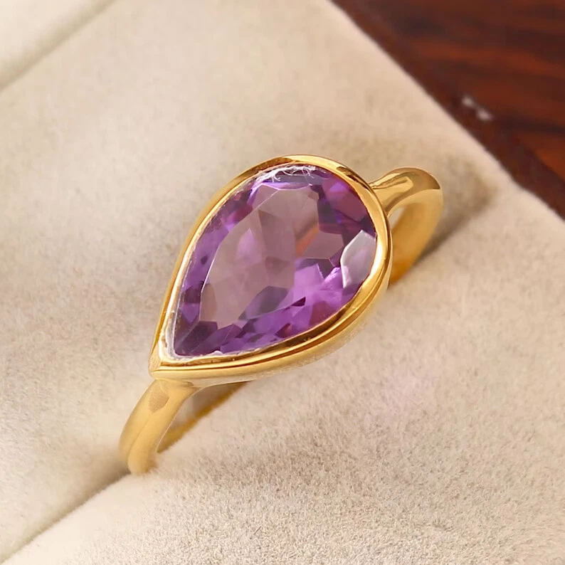 Anillo de amatista natural, anillo llamativo, piedra de pera, delicado anillo delicado Foto 3 de 4