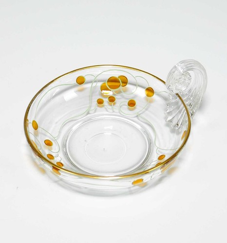 Jugendstil Glas Schale Sellerie-Henkel bernstein Heckert Dekor Sütterlin 1903 - Bild 1 von 8