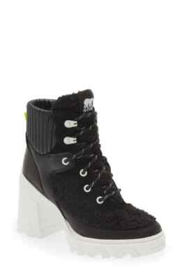 SOREL Z10909 Black Brex Leather/Faux Shearling Block Heel Lace-Up