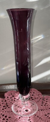 Vintage Amethyst Etched Glass Bud Vase Purple 8.5  Tall