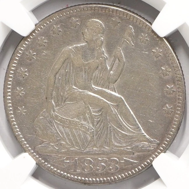 Medio dólar libertad sentada 1853 P flechas y rayos NGC XF detalles limpios