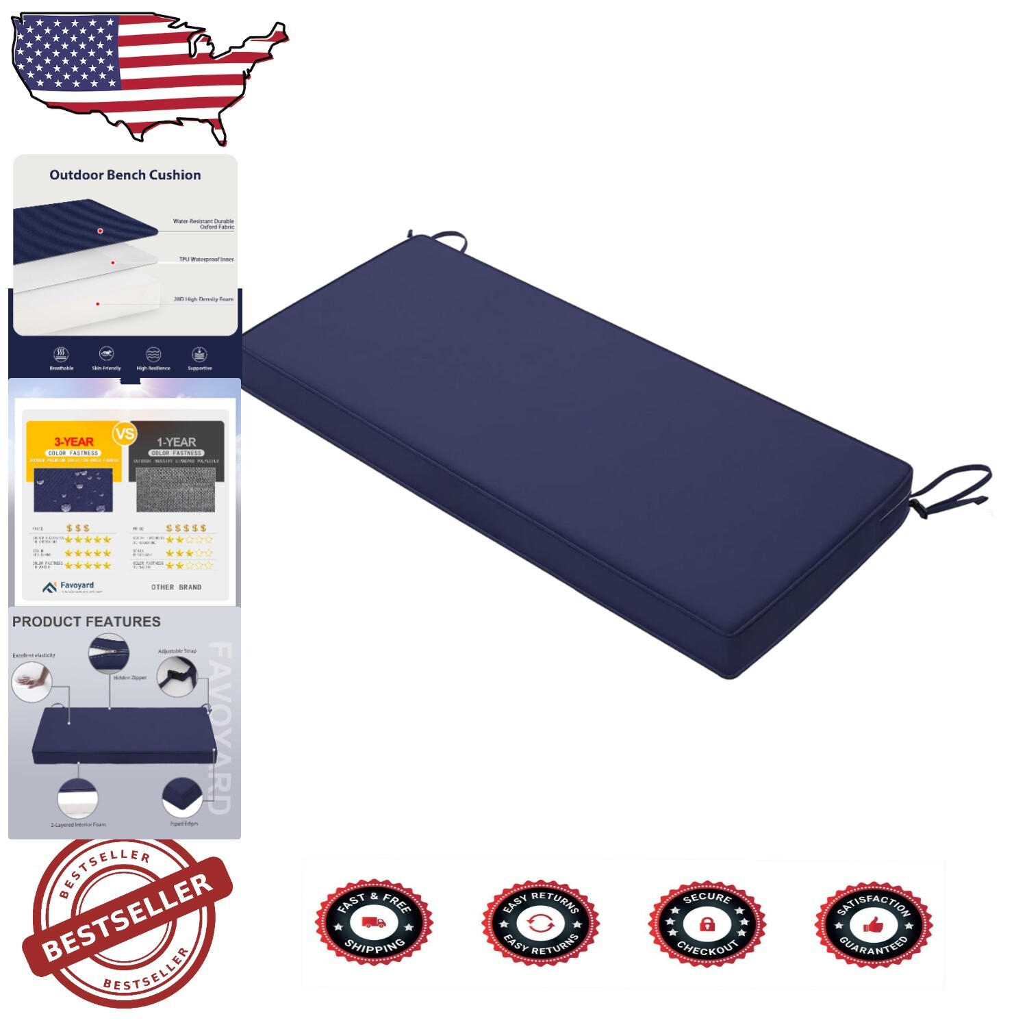 42x18 Waterproof Patio Cushion with 3-Year Fade Resistance and Adjustable Straps