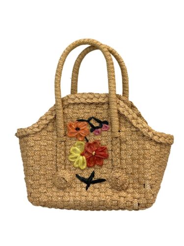 Vintage kleine gewebte Stroh Handtasche Geldbeutel Kinderspiel bunte Blumenapplikation