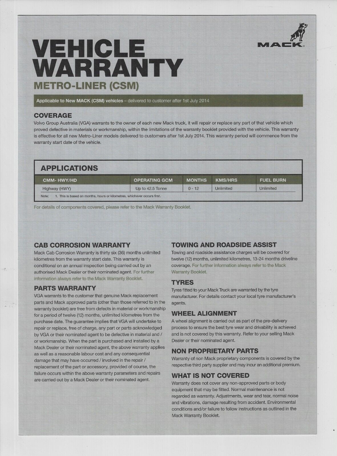 MACK METRO-LINER [CSM] WARRANTY BROCHURE 12/14 NOS