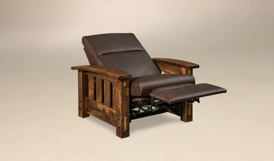 Silla reclinable Amish Mission rústica abrazadera de pared cuero macizo aserrado áspero Foto 3 de 4