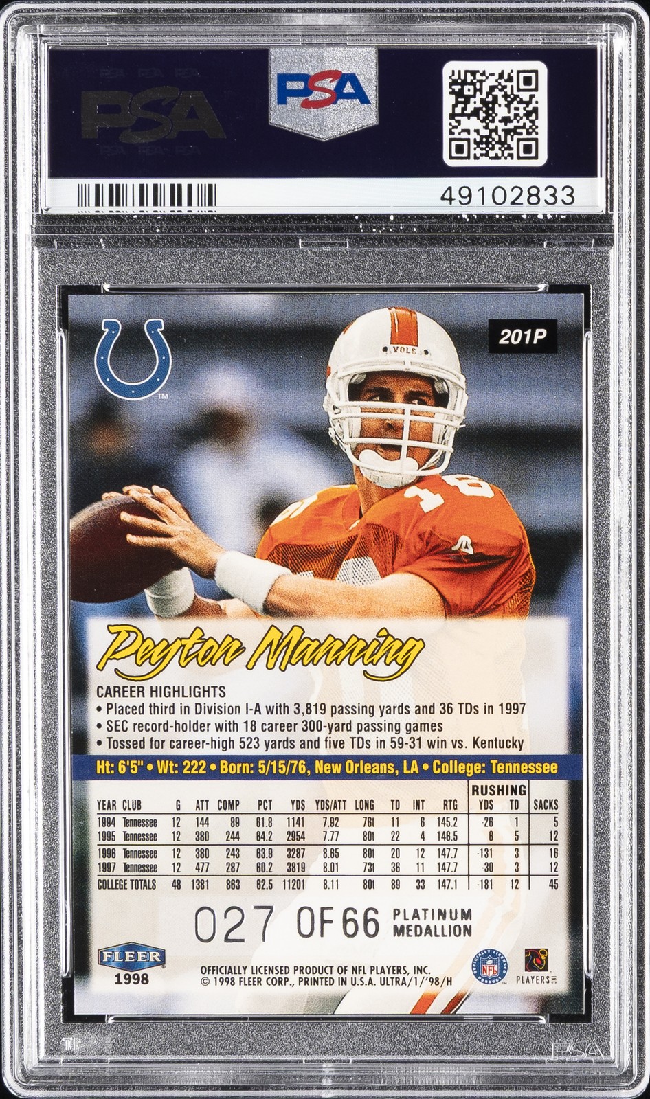 1998 FLEER ULTRA PLATINUM MEDALLION #201P PEYTON MANNING #/66 PSA 7 view 2