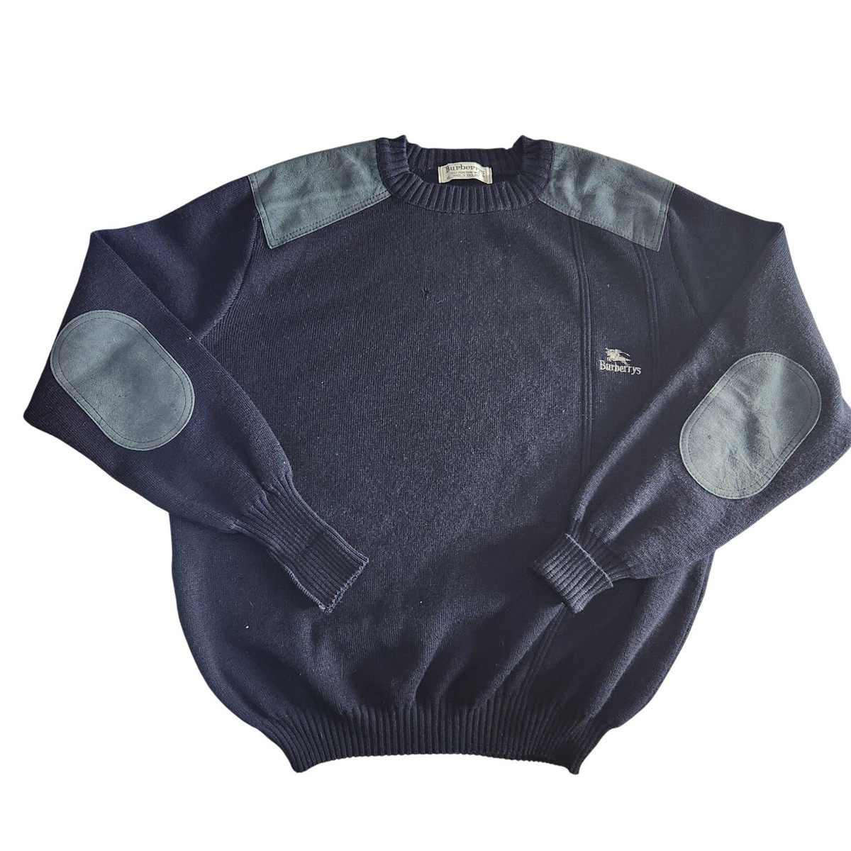 Vintage Burberrys Sweater XL Navy Wool Leather Shoulder