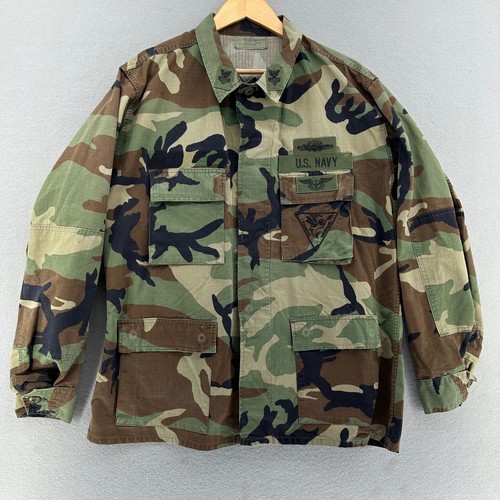 VTG US Navy Seebees Camouflage Military Jacket Woodland Camo L USA 90s Veteran