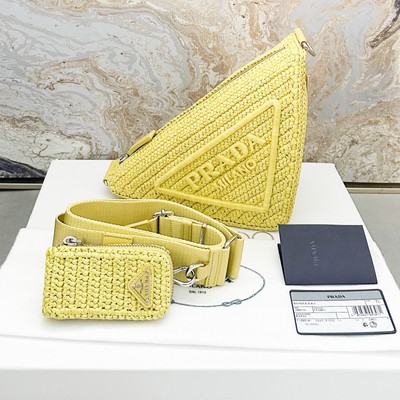 Prada Triangle Logo Raffia Effect Crochet Shoulder Bag