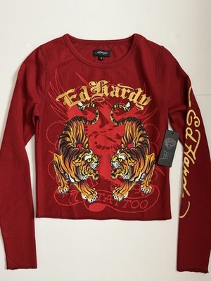 Ed Hardy Women s Red Cropped Long Sleeve Crew Neck Tiger Graphic Tee Size M