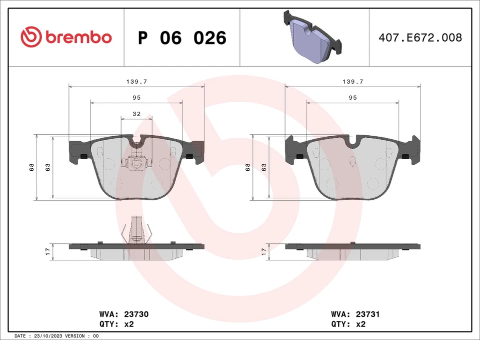 Brake Pads Set fits BENTLEY AZURE V8 6.75 Rear 99 to 06 Brembo PC57349PA Quality — 第 2/4 张图片