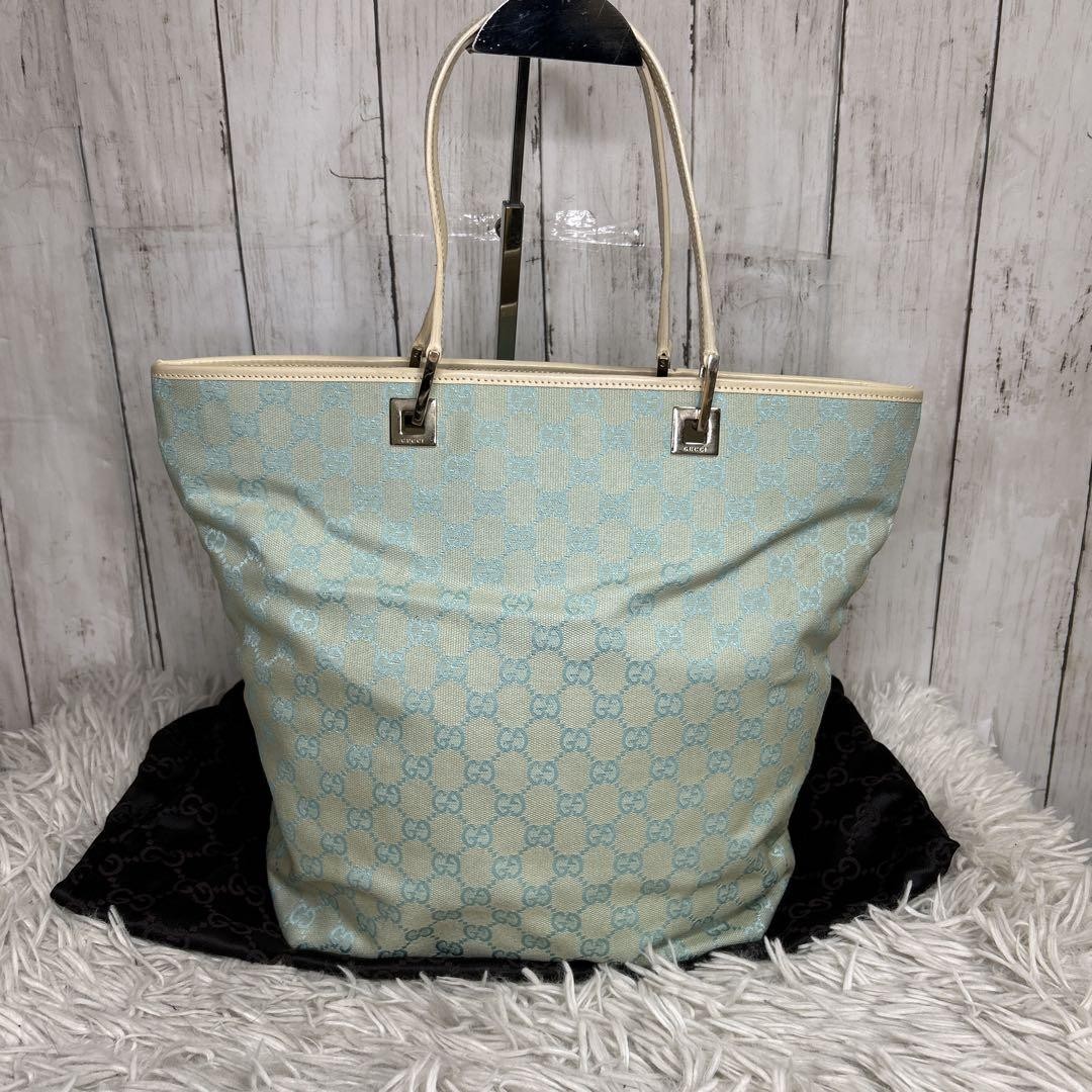 Gucci GG Canvas Tote Bag Blue Leather Light Logo Pre-Owned