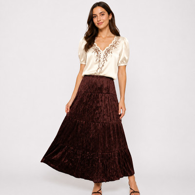 Dress To Kill Jane Mohr M 10 12 Cocoa Brown Crushed Velvet Tiered Maxi Skirt VTG