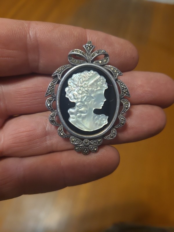 Vintage Sterling Silver Mother of Pearl Carved Cameo Pendant Brooch Marcasite