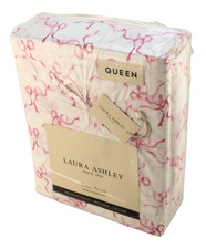 New LAURA ASHLEY Pink Trailing Bows Queen Size All Cotton 4 Pc Percale Sheet Set