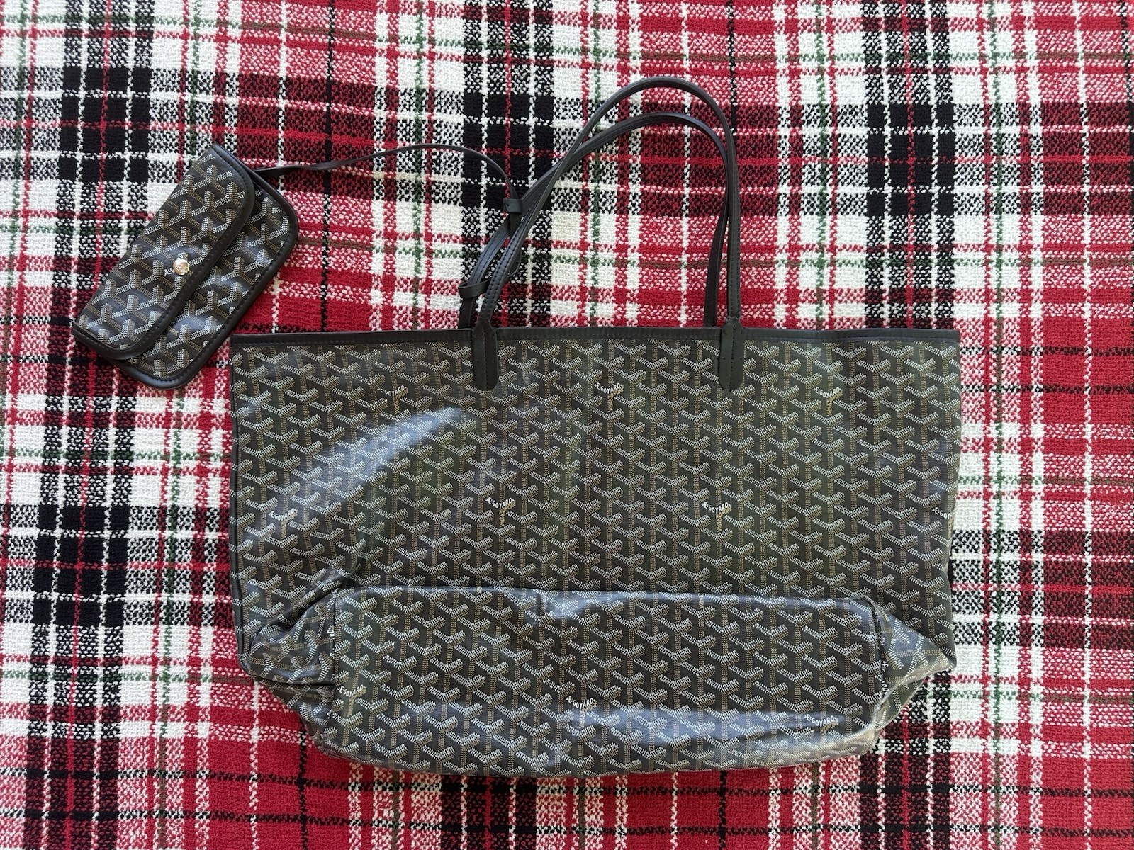 Goyard Saint Louis PM Black Chevron Coated Canvas Tote Bag Handbag w/ Pochette