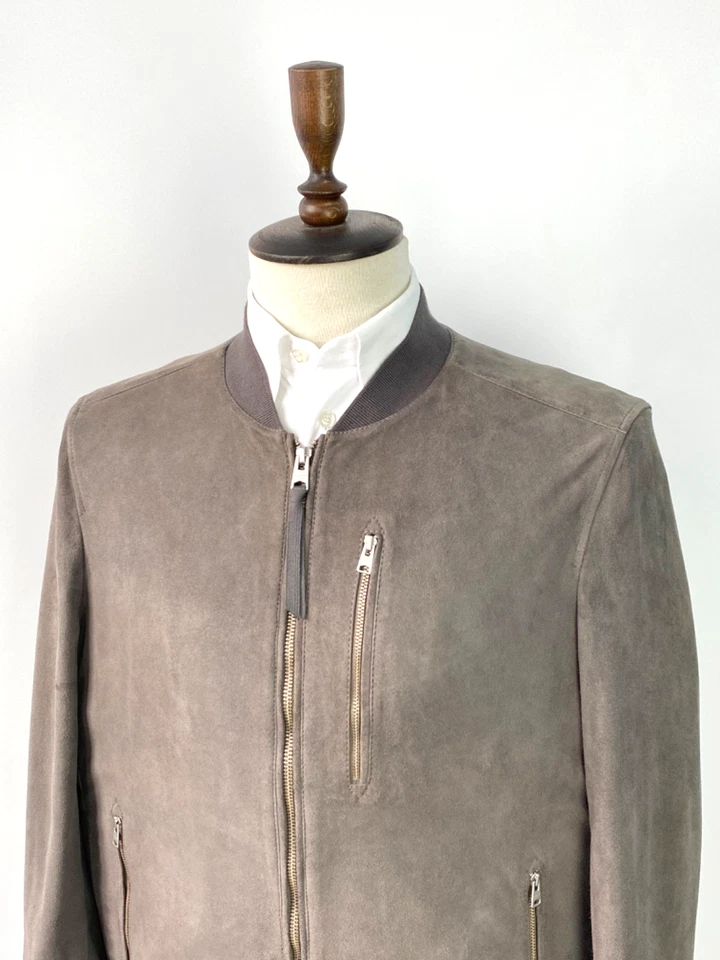 Men's ALL SAINTS KEMBLE Suede Goat Leather Bomber Jacket Coat Grey SZ L EU 50-52 - Image 2 of 4