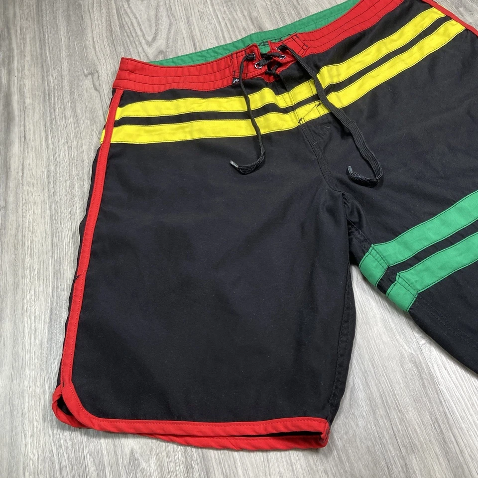 Pantalones Cortos De Colección Oxidados Para Hombres 34 Rojo Amarillo Verde Rasta Reggae Natación Surf Y2K Foto 3 de 4