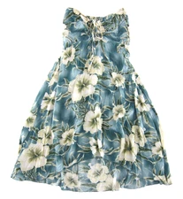 Sunny Island Hawaii Blue Ivory Green Tropical Floral Strapless Short Sun Dress M