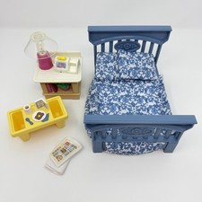 Fisher Price Loving Family Dollhouse Master Bedroom Blue Bed Sound Light Set