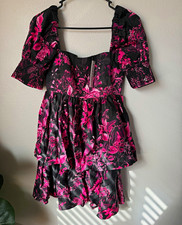 Alice + Olivia Stacey Bendet Mini Dress Black Pink Floral Puff Smocked 4