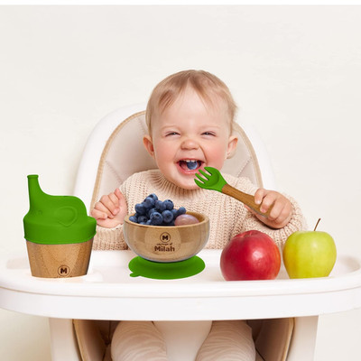 Milah Bambus Schüssel, Tasse und Löffel Set Saugteller Stay-Put Design
