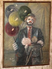 Oil on Board Emmett Kelly Weary Willy Clown & Boy on Crutches Signed Ricki 1962