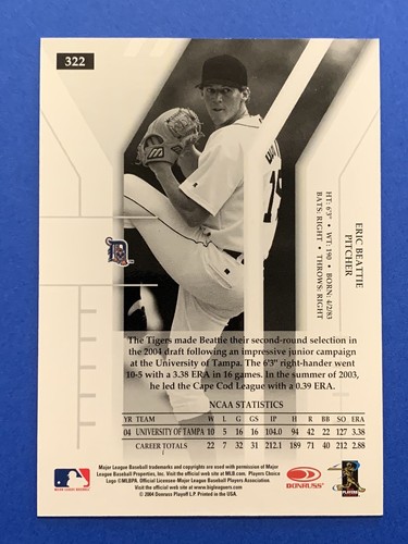 ERIC BEATTIE (TAMPA U SPARTANS HOF) Signed RC 2004 Elite TIGERS Autograph Auto - Picture 2 of 2