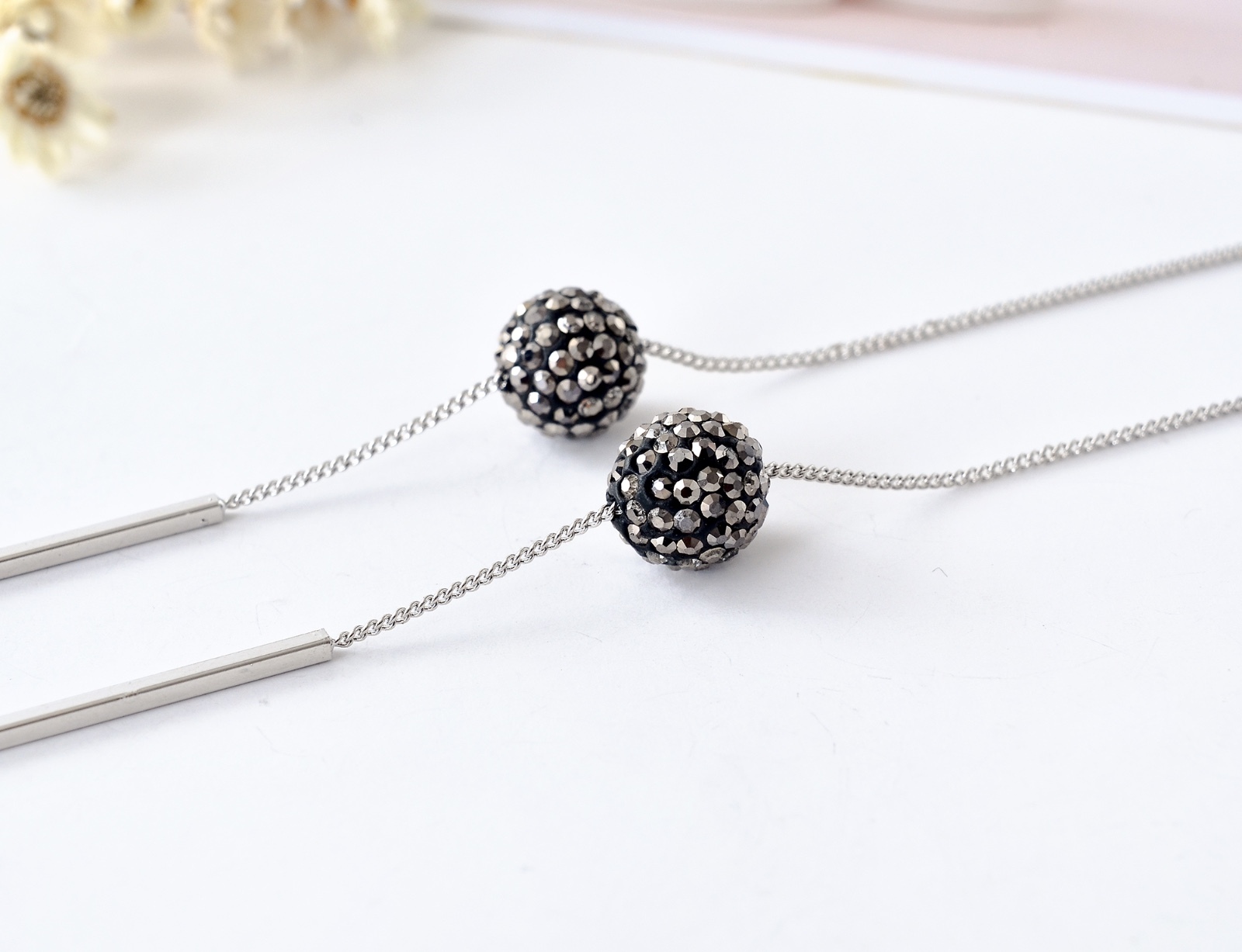 Stunning Crystal Shamballa Ball Bead Silver Long Bar Drop Dangle Stud