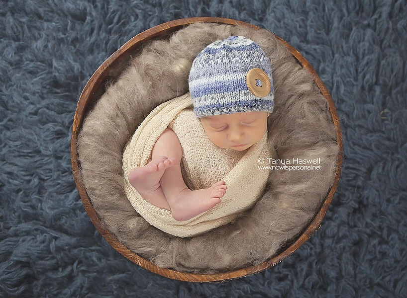 Sombrero de bebé tejido a mano gorro utilería Fair Isle niño nórdico azul gris recién nacido-12M Foto 3 de 4