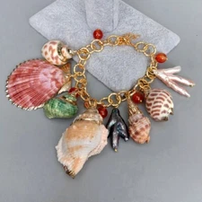 Multi Sea Shell Pearl Chain Bracelet Summer Beach Jewelry 8"