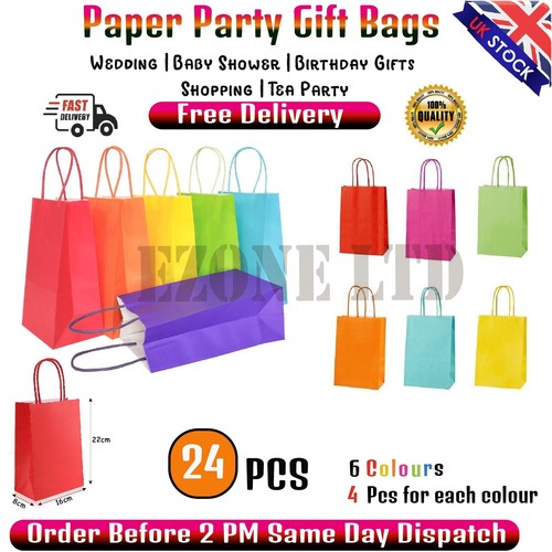 24 MultiColoured Paper Party Bags Gift Bags With Handles Birthday Loot