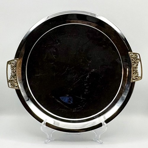 Vintage Kromex Round Serving Tray Gold Handle Chrome Plated Platter 13"