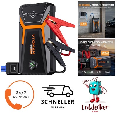 Starthilfe Powerbank 2000A   Für 6L Benzin/4L Diesel, 12V, LED & Kabel