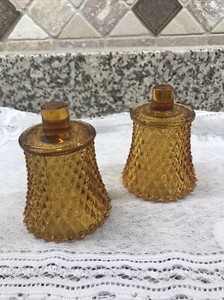Pair~Diamond Cut Glass~Amber Color~Votive Candle Cup Holders (Peg Lites)