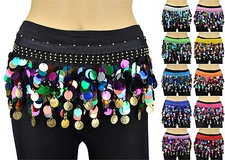 Gold Coins Multi Color Sequins Beads Belly Dance Hip Scarf Wrap Chiffon