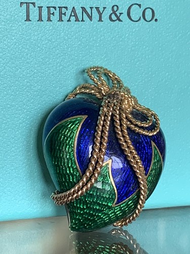 Tiffany & Co 18K Green Blue Enamel Double Bow Braided Heart Brooch 20.2 Grams - Picture 12 of 12