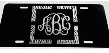 Zebra Frame Monogram Car Tag Engraved Etched On Black Vanity License Plate