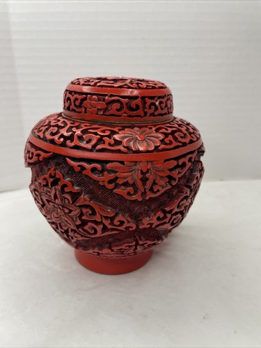 Unique Vintage CINNABAR Ginger Jar w/ Lid Brass Yun Kang-Art Design - Picture 5 of 16