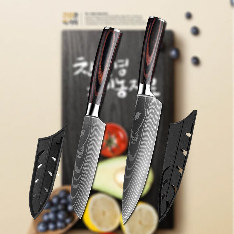 2 Piece Kitchen Knives Set Japanese Damascus Style Stainless Steel Chef
