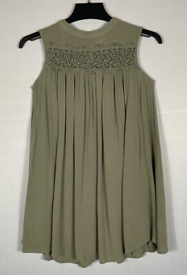 Hem & Thread Tank Top Womens Small Olive Green Lace Keyhole Back Flowy Tunic