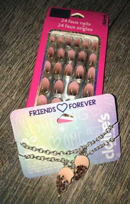 Claire s Blush Gold Faux Stick On Nails Bff Best Friend Heart Bracelet Jewelry