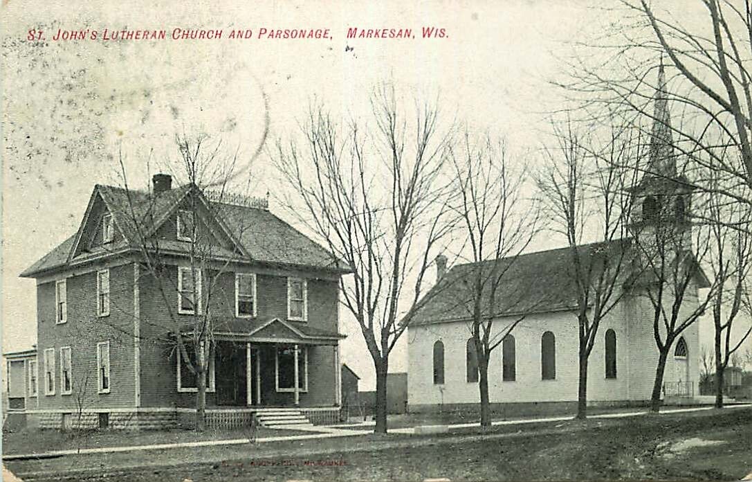 Postcard St. John's Lutheran Church & Parsonage, Markesan, Wisconsin