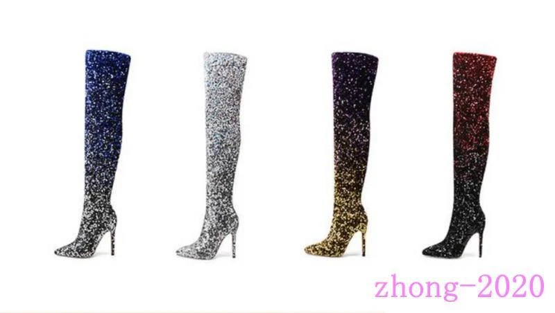 Mujeres Fiesta Club Vestido Sobre la Rodilla Botas Tacón Alto Lentejuelas Punta Zapatos Foto 3 de 4