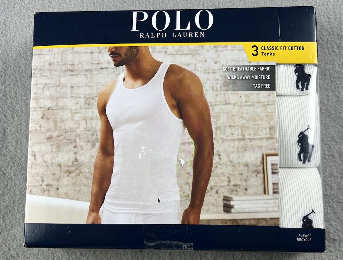 POLO RALPH LAUREN Men’s 3-Pack Ribbed Classic Fit Cotton Tank White Size Large