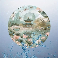 1pc 7.87-Inch Round Metal Wall Art - 2D Flat & 3D Optical Illusion Chinese Land