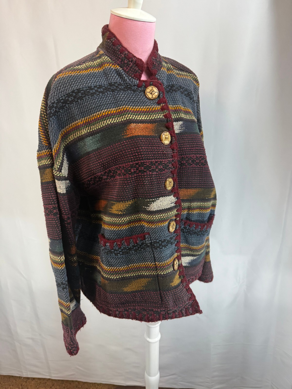 Multicolor Knit Jacket Button Front Geometric Pat… - image 4