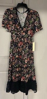 Penelope Rose Floral Dress Women s Size M Black Boho Lace Hem Short Sleeve NWT